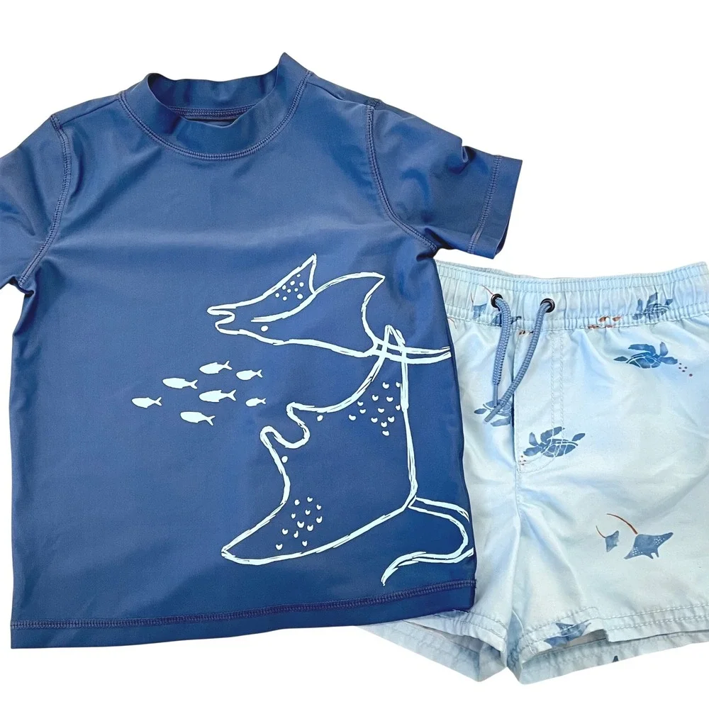 Carter's Toddler Boys Size 5 Stingray Rash Guard Swim Set UPF 50+ Blue 2 Piece